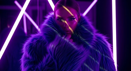 A woman in a vibrant purple faux fur coat is dramatically lit by neon purple and yellow cross-shaped lights in a dark, reflective room