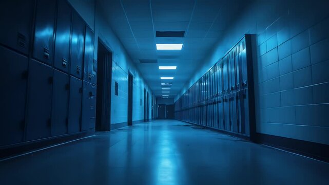 Empty school hallway lit by cool blue light locker rows stretch into distance dramatic lighting on a deserted corridor