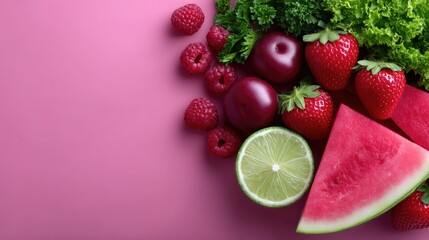 Bright Assortment of Fresh Fruits and Vegetables on Pink Background With Green Lime Red Raspberry and Watermelon, a Vibrant Healthy Still Life Composition