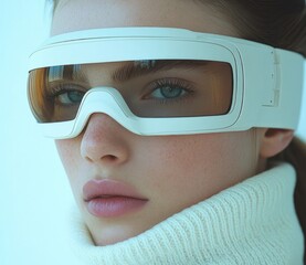 Future Vision: A captivating portrait of a woman, her gaze intense behind futuristic eyewear, embodying innovation and technological advancement.