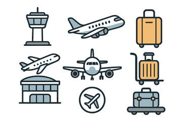 Air travel and airport icon set. Vector cartoon illustration of aviation symbols like airplane, luggage, flight control tower, and terminal. Simple outline design for tourism.
