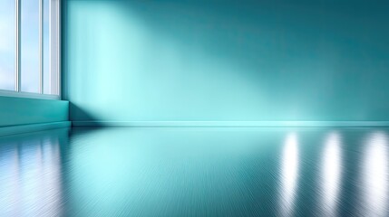 Bright Blue Empty Room with Reflection and Window Light Creates a Minimalist Backdrop