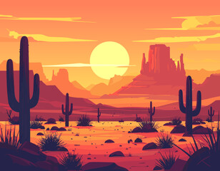 Illustration landscape of desert at sunset time