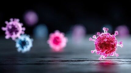 3D Medical Render of Multiple Pink and Blue Viruses on Dark Reflective Surface with Blurry Background Medical Concept