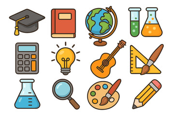 Big collection of education and school icons. Symbols for learning, academic subjects, and creativity tools. Vector set includes globe, book, cap, calculator, and art supplies.