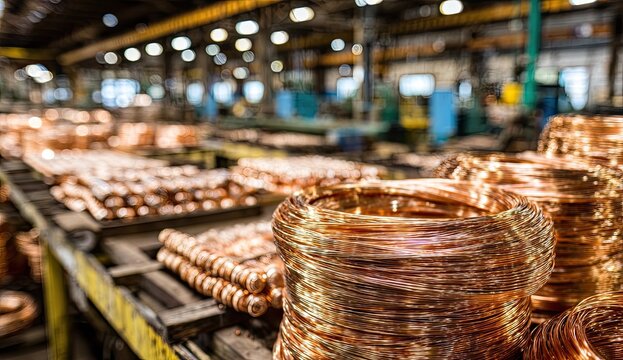 Copper coils and billets in a factory