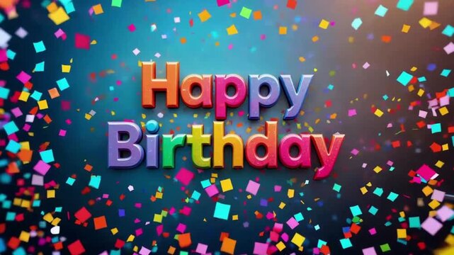 A vibrant happy birthday text amidst a burst of colorful confetti celebration design