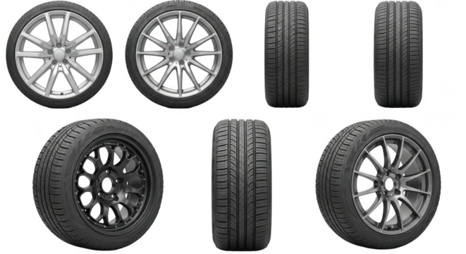 Collection of car tires and wheels isolated on transparent background