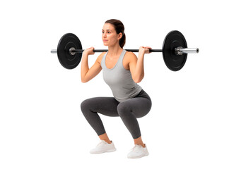 Young woman performing barbell squat exercise in gray fitness attire on transparent background, PNG