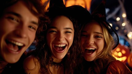 Halloween party group of people in a nightclub smiling young women man costume balloons happy fun festive happiness laughing