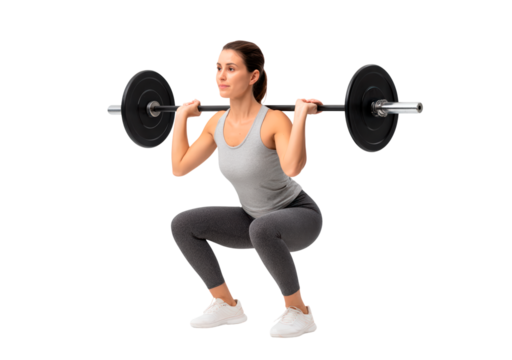 Young woman performing barbell squat exercise in gray fitness attire on transparent background, PNG - Powered by Adobe