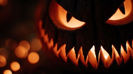 horror scary face halloween jack o lantern pumpkin glowing candle light dark gold bokeh background closeup