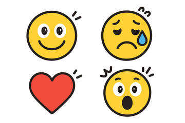 Set of cute cartoon emoji faces with different emotions. Vector icon pack with happy smile, sad cry, surprised face and red heart symbol for social media and design.