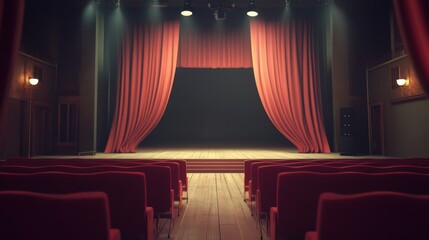 Dramatic Theater Curtains Open to Empty Stage in Cinematic Scene