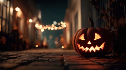 glowing jack o lantern halloween holiday orange pumpkin on the street in the dark background bokeh string lights night decoration cobblestone road town at night