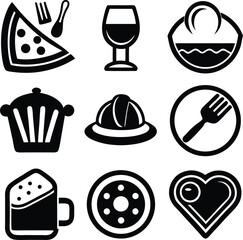 Collection of food and drink icons for gastronomy and culinary themes featuring pizza wine cupcake and heart-shaped fried egg