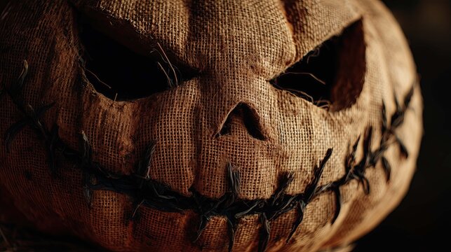 scary halloween scarecrow face closeup smiling stitches seasonal holiday background horror spooky skull evil dark