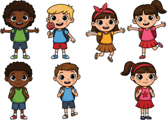 Happy diverse school children, cartoon kids with backpacks, smiling students, back to school, cute boys and girls, education, learning, fun classroom, kid friends