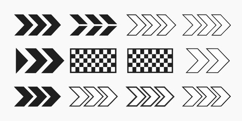 Various arrow designs and checkered patterns arranged in rows and columns on a white background | editable eps vectors silhouette