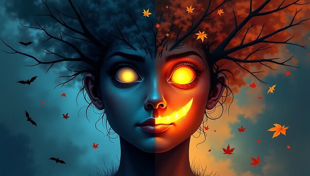 Human face split into two halves, one side filled with dark storm clouds, bats, creepy branches, and glowing eyes, other side lit by warm lantern light, jack-o&rsquo;-lantern smile, and soft falling autumn 