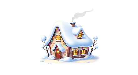 Obraz premium A cartoon house covered in snow with christmas lights on a white background in a whimsical style