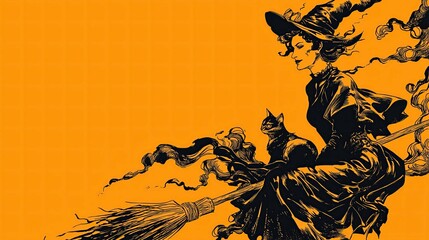 illustration halloween background witch wearing witch's hat riding on broomstick with black cat in her lap black yellow gold