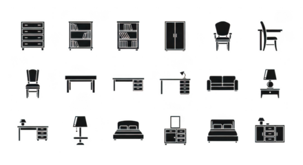 Collection of antique furniture line drawings isolated on transparent background