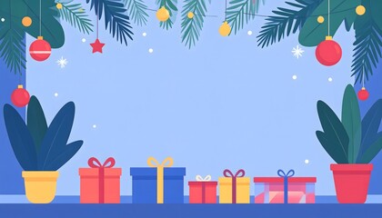 Obraz premium Festive Christmas Gift Boxes and Potted Plants on a Decorative Background
