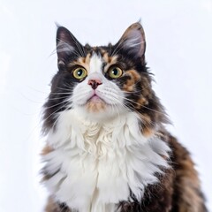 Close-up of a fluffy multicolored cat looking upward