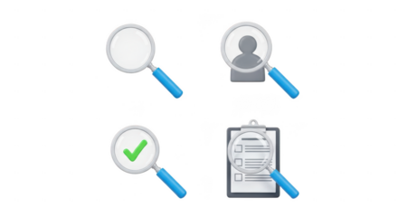 Magnifying glass icons with search and verification symbols isolated on transparent background