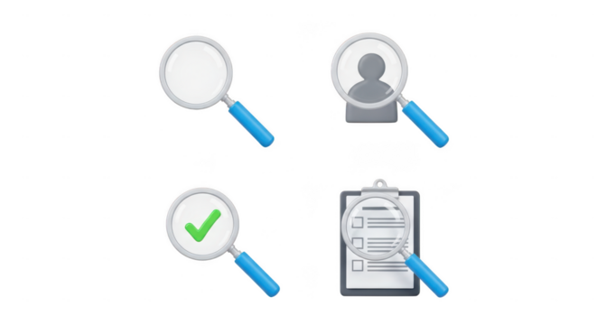 Magnifying glass icons with search and verification symbols isolated on transparent background