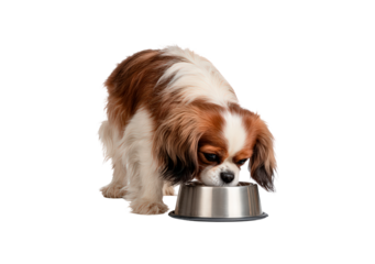 Tricolor cavalier king charles spaniel dog eating from metal bowl on transparent background, PNG