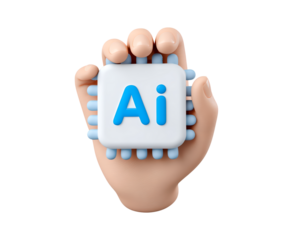 Human hand holding ai chip with blue circuitry on transparent background, PNG