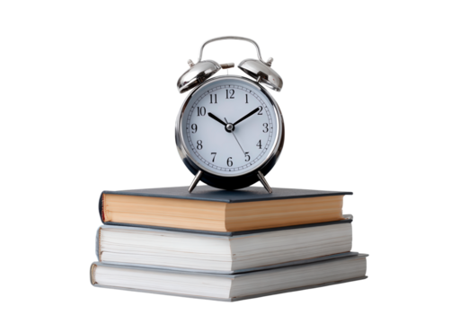 Vintage alarm clock on stack of hardcover books on transparent background, PNG