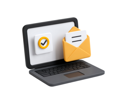 3d laptop with email notification and envelope icon in black and yellow theme on transparent background, PNG