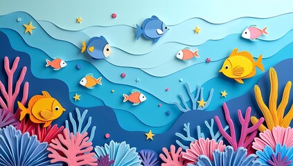 Fototapeta premium Layered paper-cut illustration of an ocean with waves, fish, and coral reefs, playful and vibrant, 3D cut-out style, perfect for children’s books or creative decor.