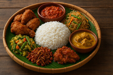 Traditional Malay Village cuisine with Rice, Masak Lemak Cili Api, Sambal,sayur goreng, ayam goreng lada and Petai