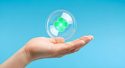 A hand delicately holds a transparent bubble containing a bright green medical cross symbol.