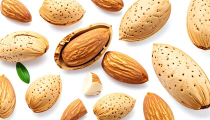 Almonds scattered on white background
