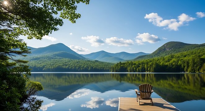 Serene Adirondack Lake View with Mountains.