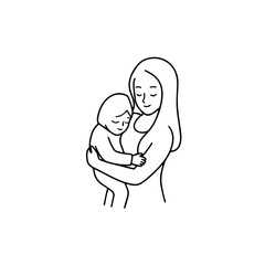 Black and White Vector Illustration of a Beautiful Mother Caring for Child in Minimalist Line Art Style