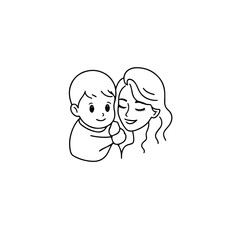 Black and White Vector Illustration of a Beautiful Mother Caring for Child in Minimalist Line Art Style