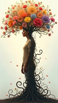 Human figure with tree growing from head, roots turning into dark twisted shapes below, branches full of flowers above, symbolizing overcoming trauma and personal growth.