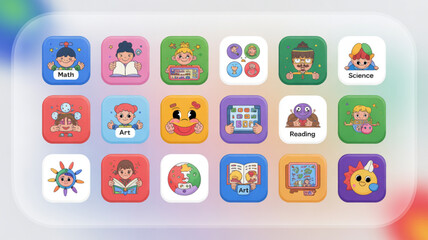 Educational app icons for kids learning math science art reading and other school subjects for children