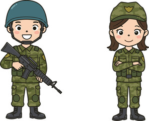 Male and Female Soldier Cartoon, Military Personnel in Camouflage Uniform, Holding Rifle, Army Character, Cute Vector Design, Standing Pose, Defense Force, Service Member