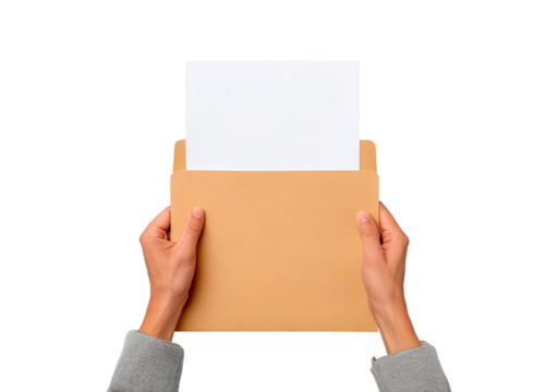 Female hands holding brown envelope with blank paper on transparent background, PNG