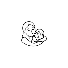 Black and White Vector Illustration of a Beautiful Mother Caring for Child in Minimalist Line Art Style