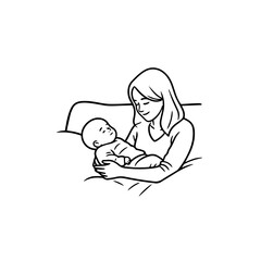 Black and White Vector Illustration of a Beautiful Mother Caring for Child in Minimalist Line Art Style