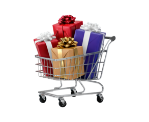Shopping cart filled with colorful gift boxes and ribbons on transparent background, PNG