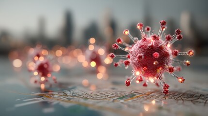 Digital illustration of a red virus particle with spike proteins floating above a blurred map background, symbolizing viral spread and global health concerns.